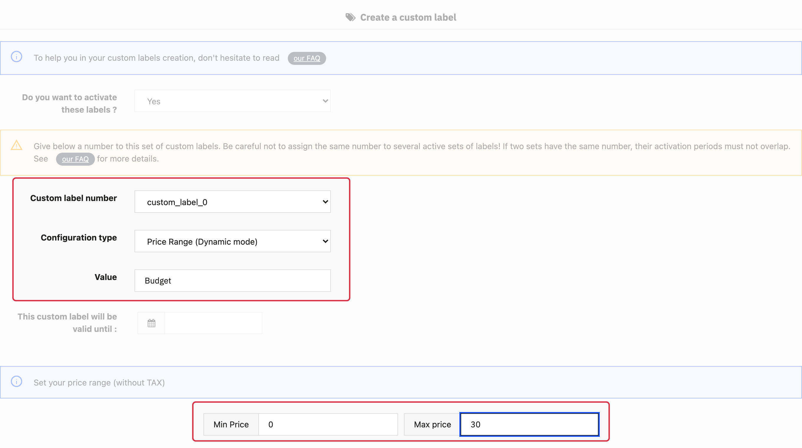 Dynamic label example: slot, value and tax-exclusive price range.
