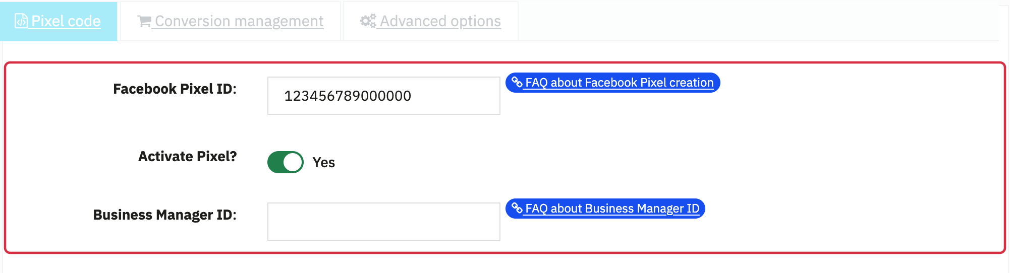 Pixel ID and activation, with a separate Business Manager ID