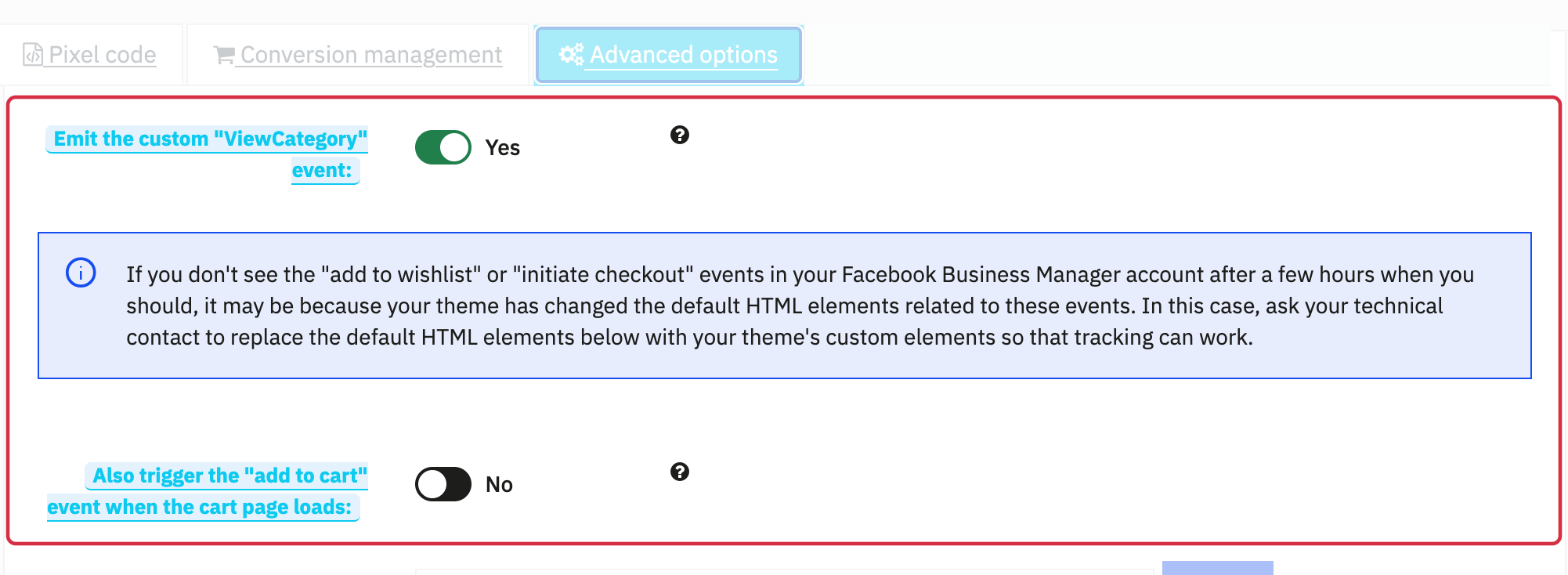 ViewCategory option in Facebook Pixel, Advanced options