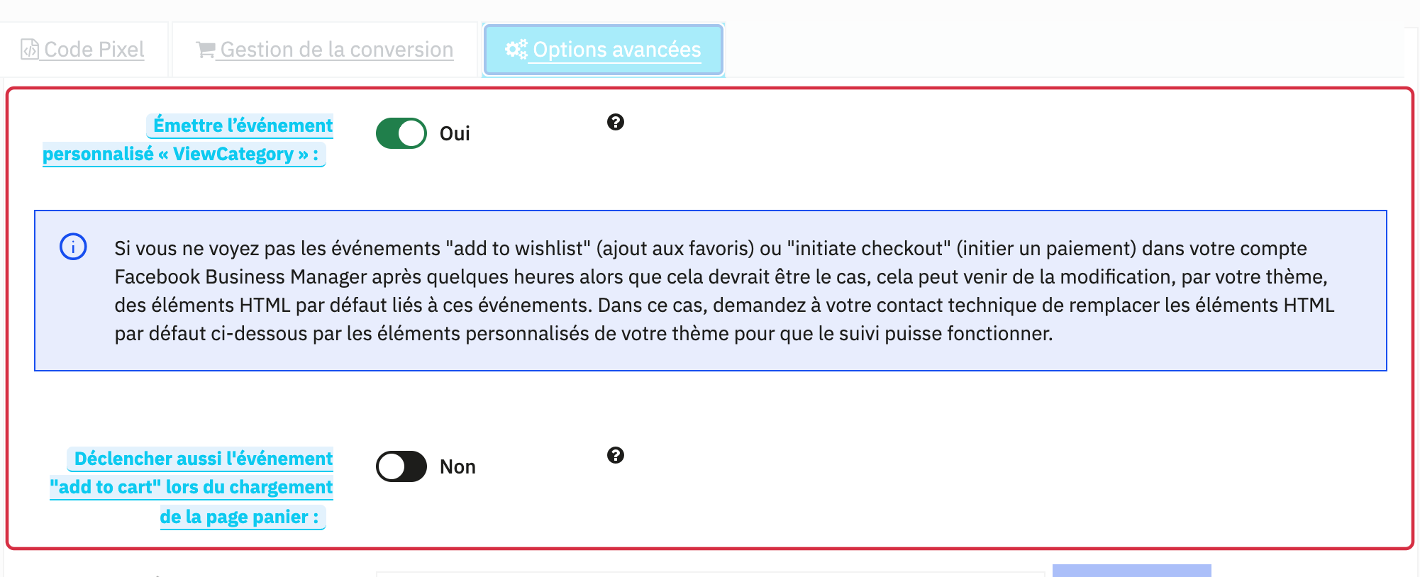 Option ViewCategory dans Pixel Facebook, Options avancées