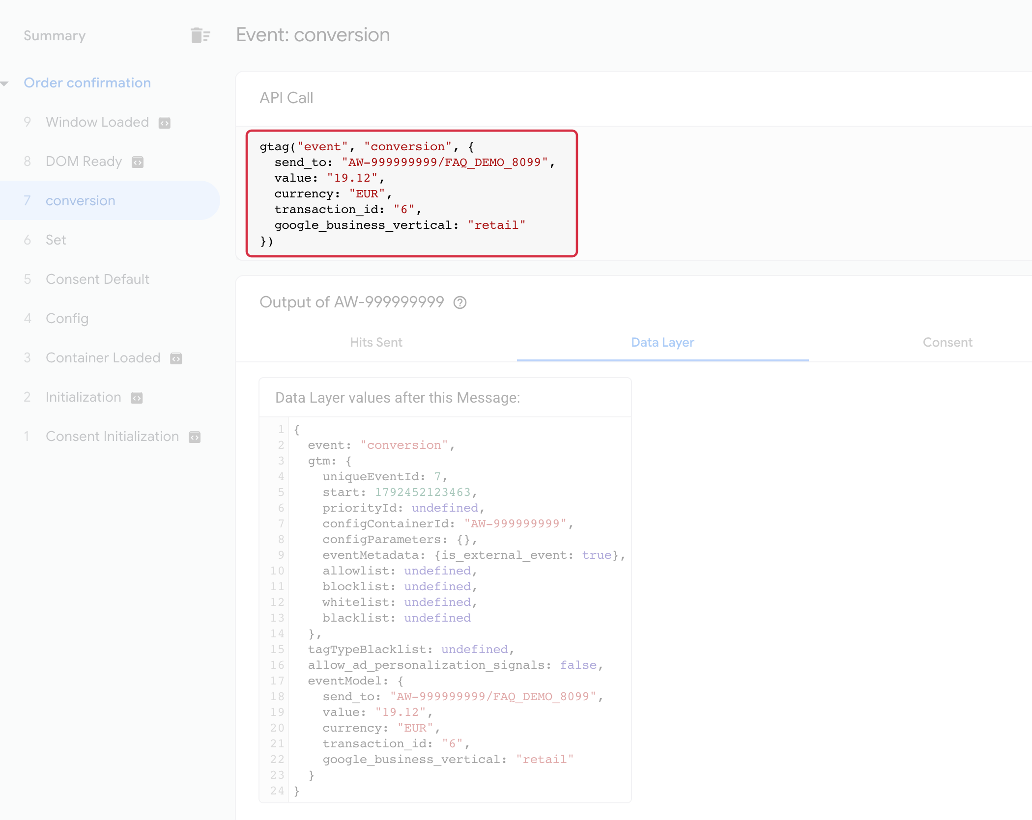 Fictitious example: send_to AW-999999999/FAQ_DEMO_8099, value 19.12, currency EUR and transaction_id 6. The same fields appear in the API call and eventModel. 