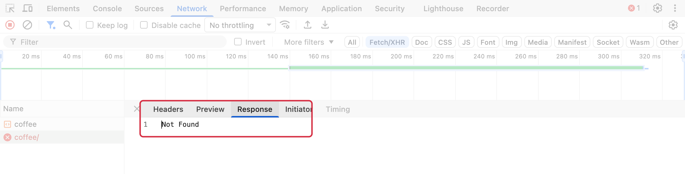 Response tab of the coffee/ request showing Not Found