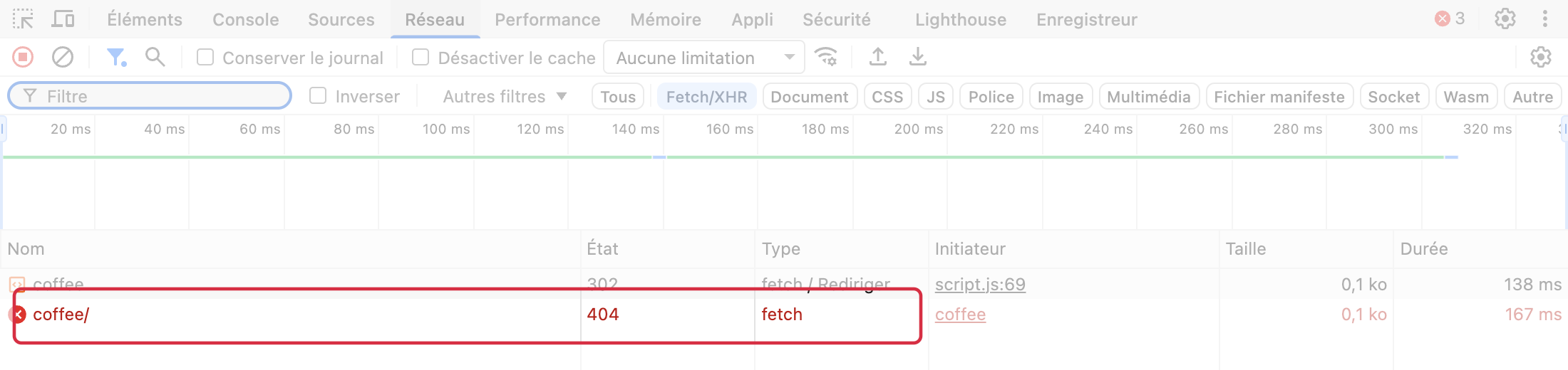 Requ&ecirc;te Fetch/XHR coffee/ avec le statut HTTP404 dans R&eacute;seau