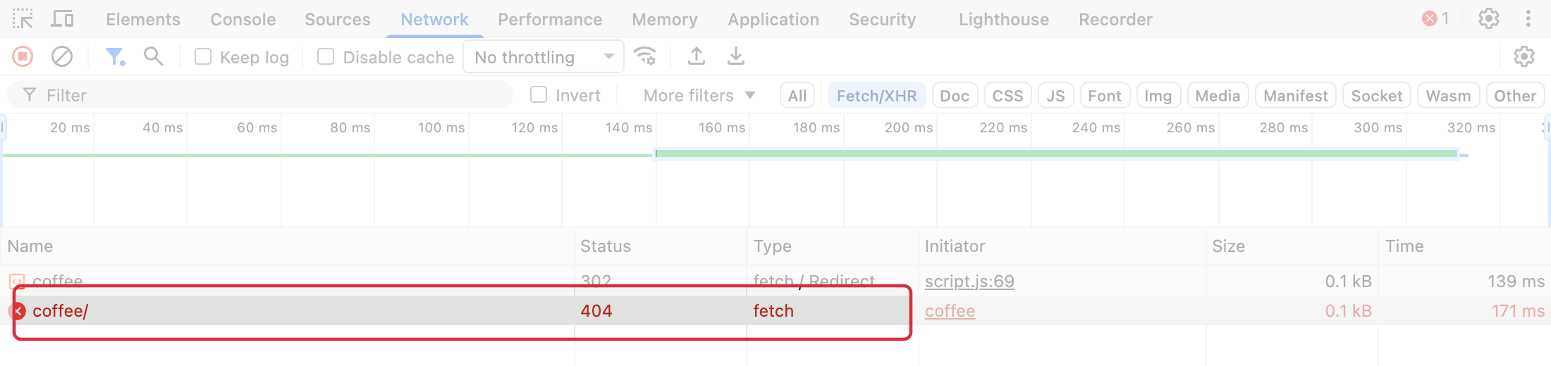 Fetch/XHR coffee/ request with HTTP404 status in Network