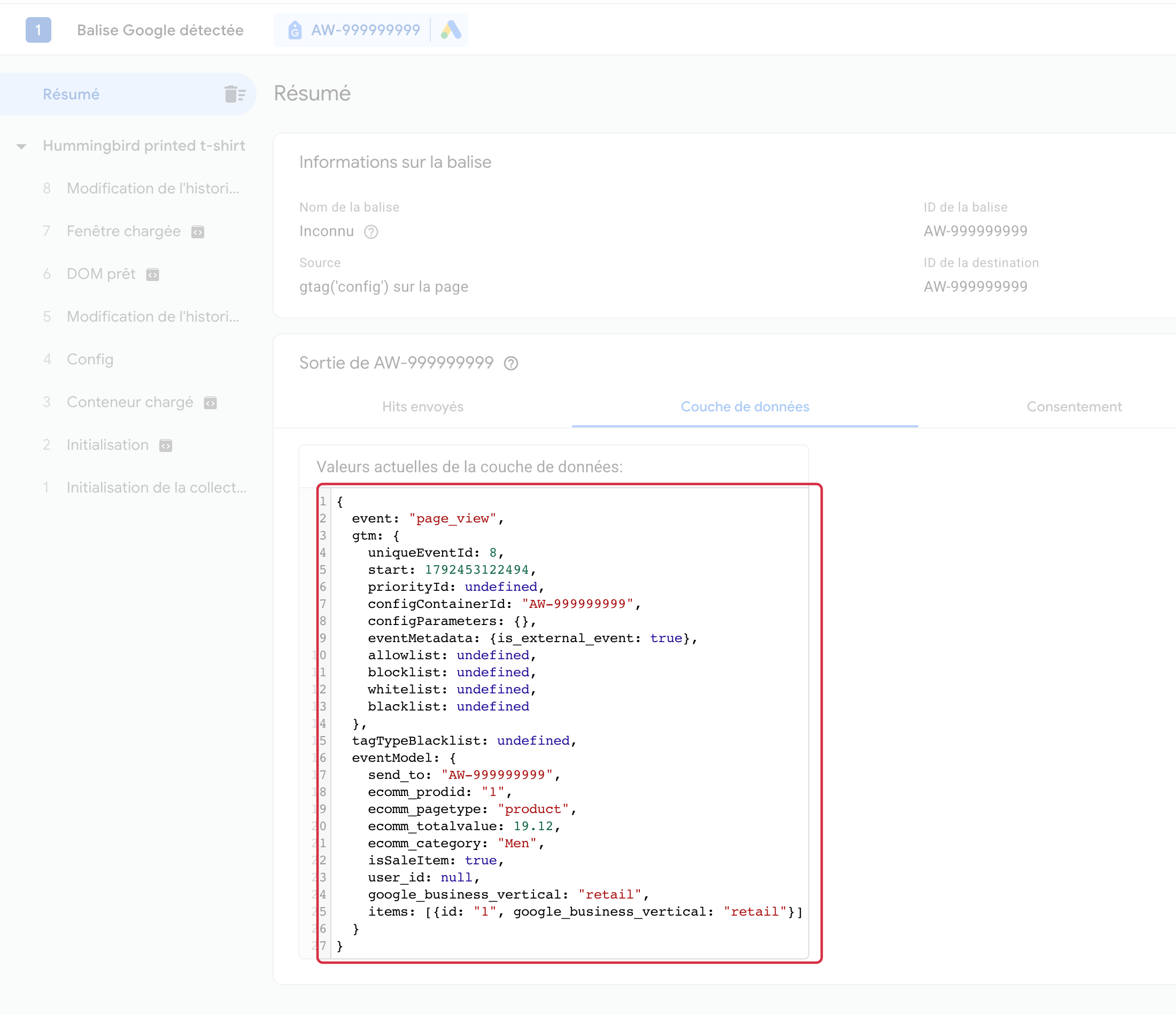 Exemple produit dans Tag Assistant : page_view, destination fictive AW-999999999, items[].id &eacute;gal &agrave; 1 et verticale retail.