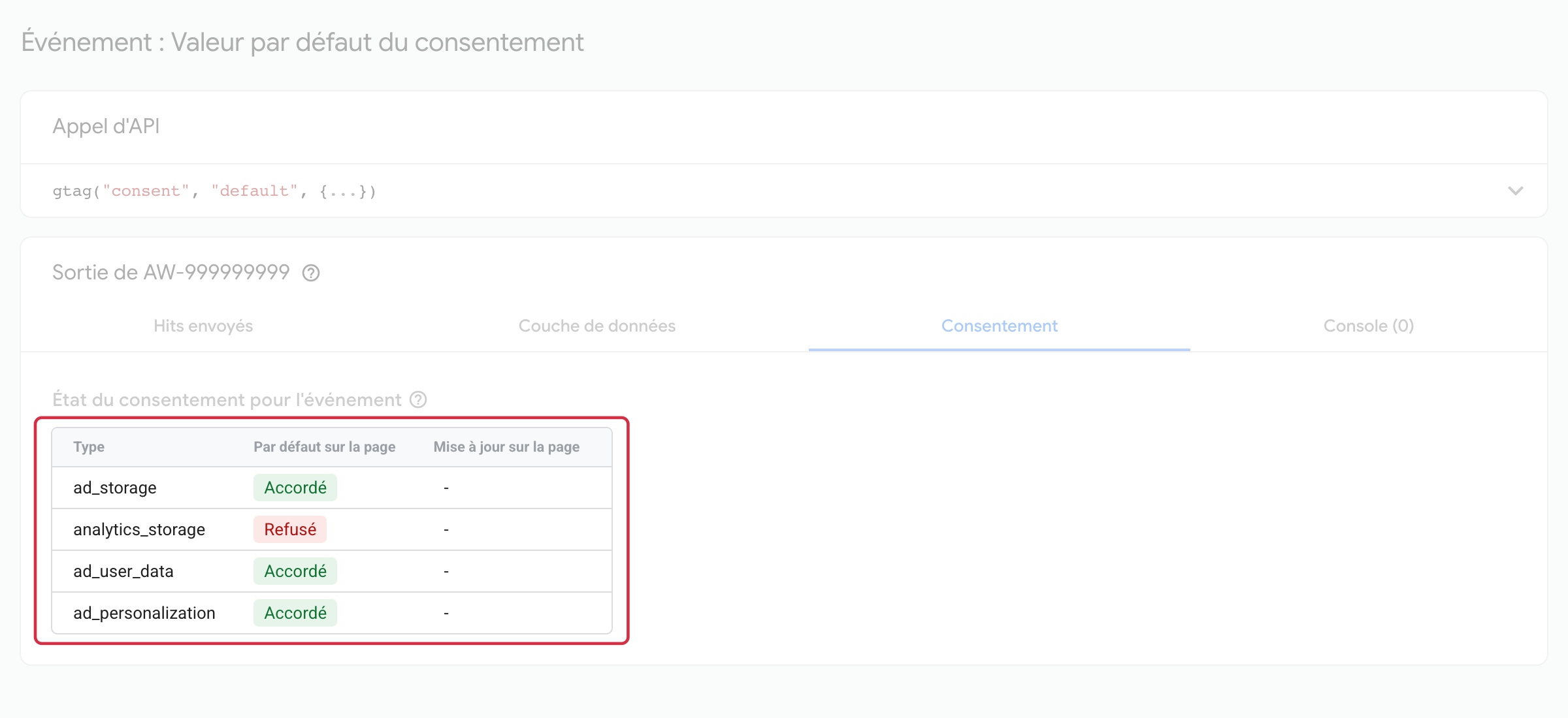 &Eacute;tats de consentement dans Tag Assistant : v&eacute;rifiez les quatre signaux selon les choix de la session.