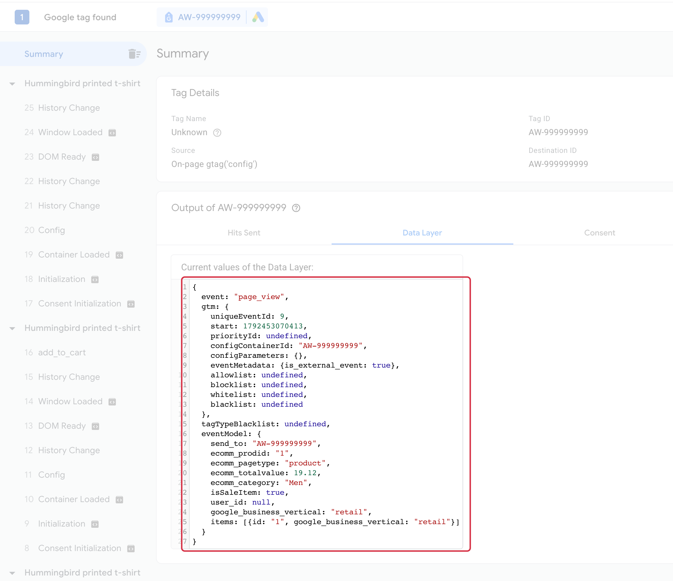 Product example in Tag Assistant: page_view, fictitious destination AW-999999999, items[].id equal to 1 and the retail vertical.