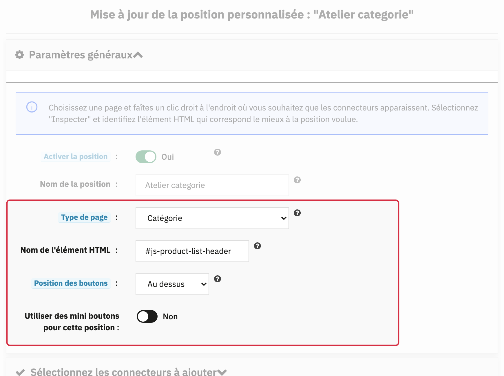 Position avanc&eacute;e sur une cat&eacute;gorie : s&eacute;lecteur #js-product-list-header, Au dessus, mini boutons Non