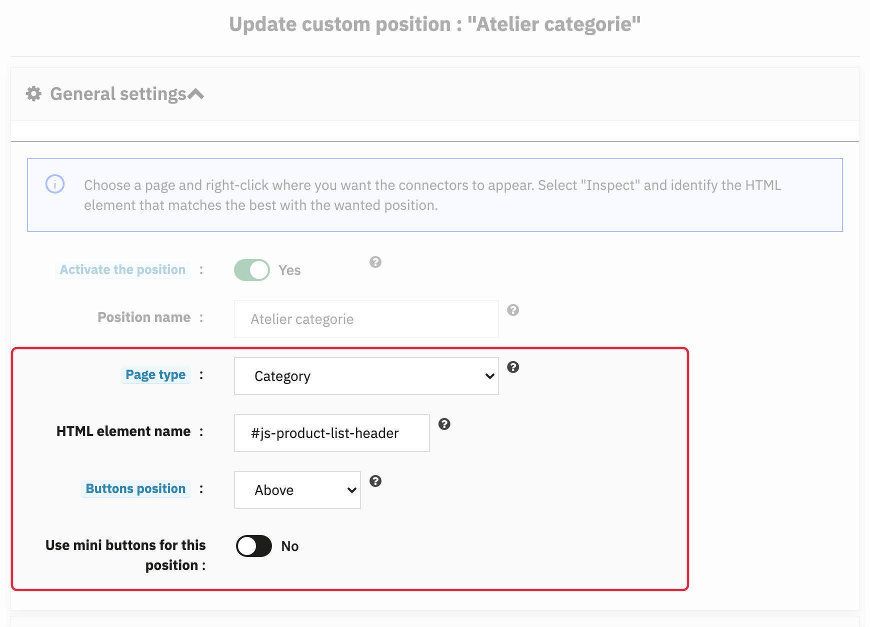 Advanced category position: #js-product-list-header, Above, mini buttons No