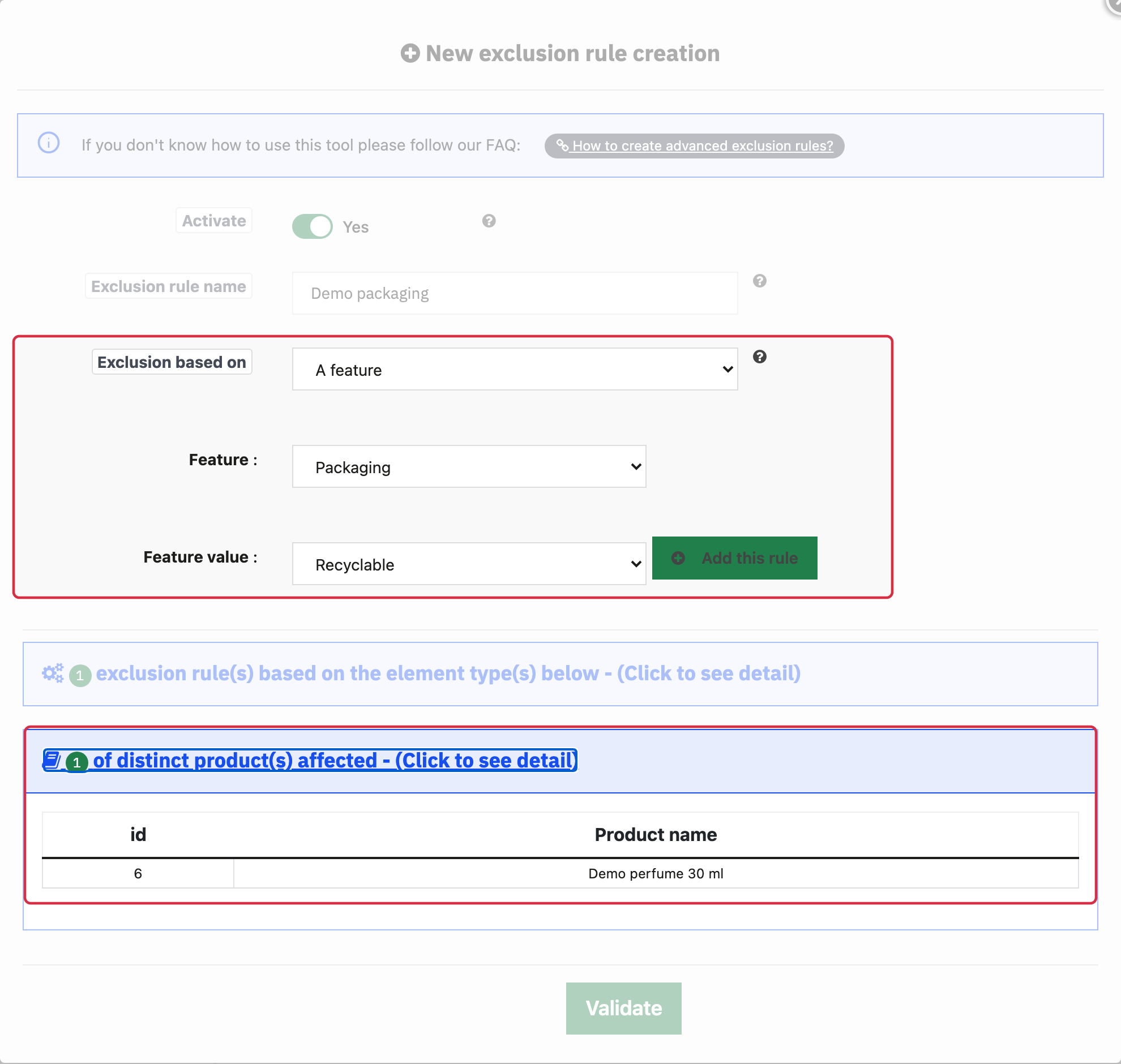 Example of a feature condition and summary before validation, using fictional data.