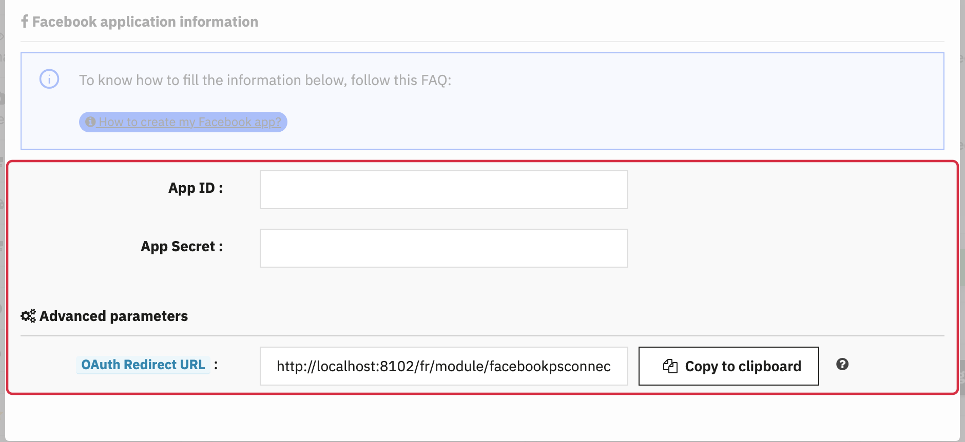 Facebook form: App ID, App Secret and OAuth Redirect URL