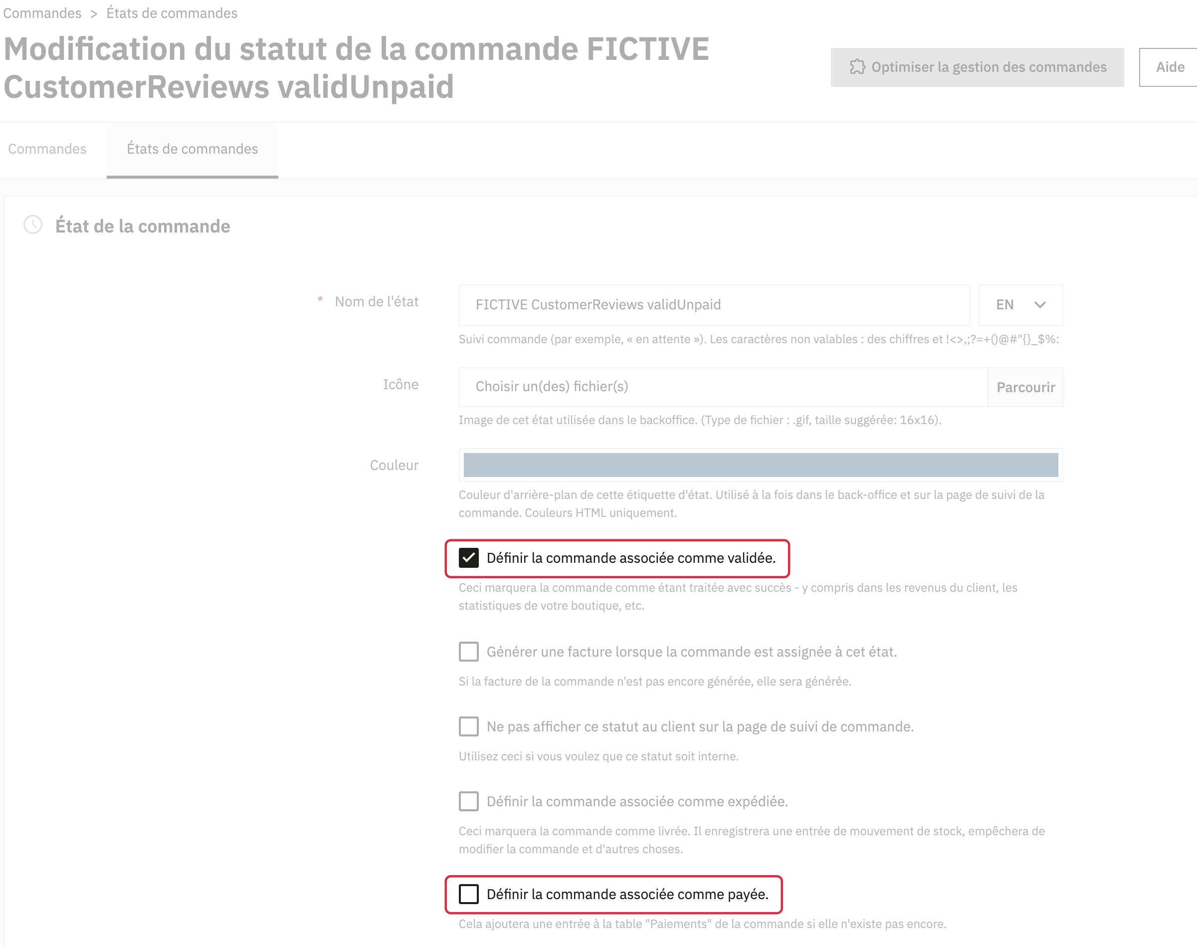 PrestaShop 9.2 : commande valid&eacute;e coch&eacute;e, commande pay&eacute;e non coch&eacute;e, dans l&rsquo;&eacute;dition d&rsquo;un statut fictif