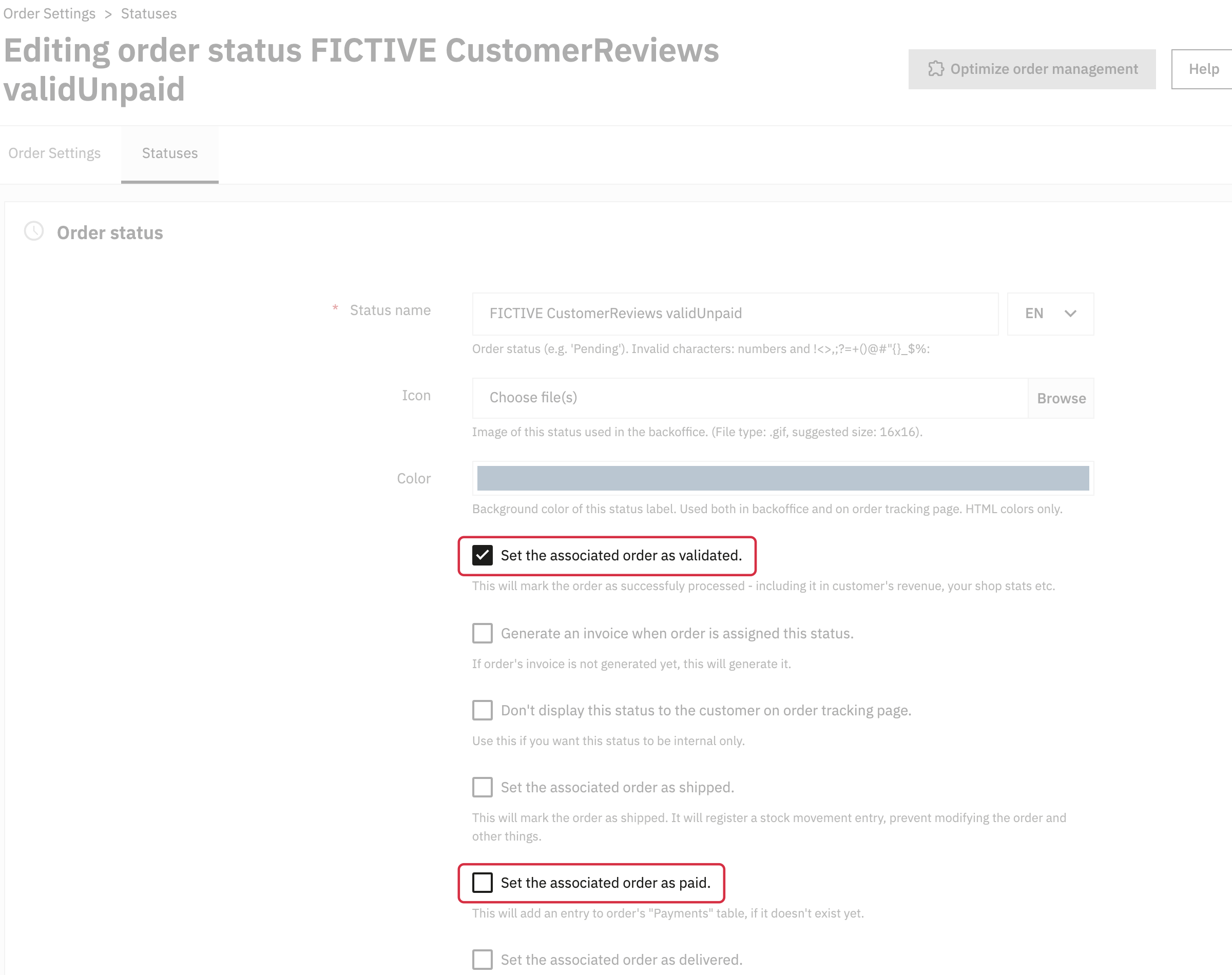 PrestaShop 9.2: validated checked and paid unchecked when editing a fictional order status