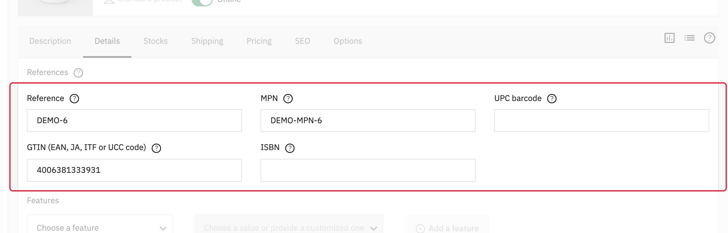 Native references for the fictional product: MPN and GTIN are separate fields.