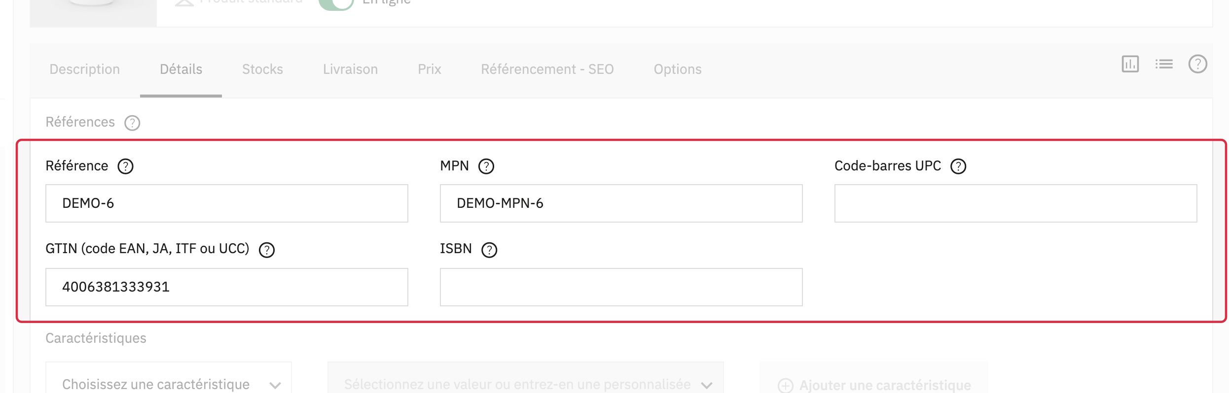 R&eacute;f&eacute;rences natives du produit fictif : MPN et GTIN sont deux champs distincts.