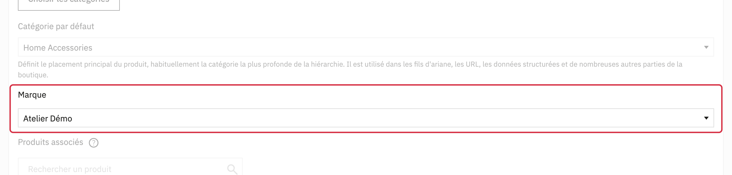 La marque fictive Atelier D&eacute;mo est r&eacute;ellement affect&eacute;e au produit.