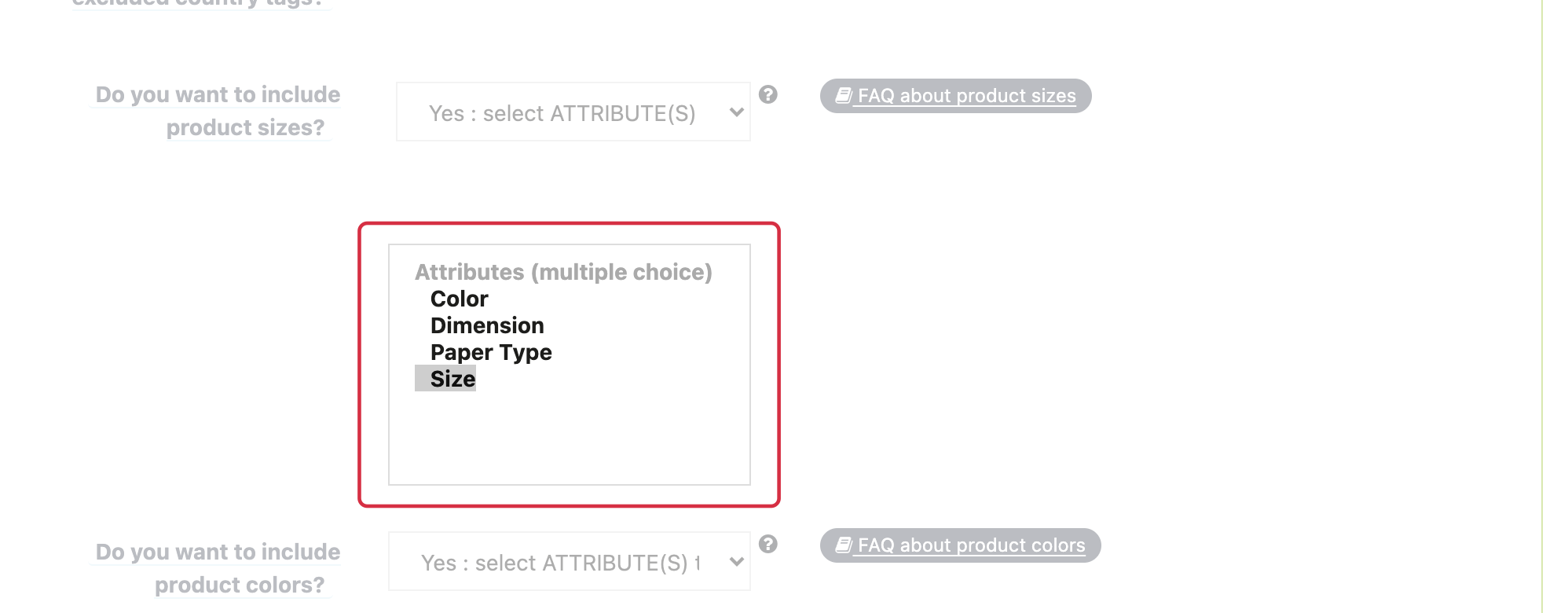 The Size attribute group is selected as the size source.