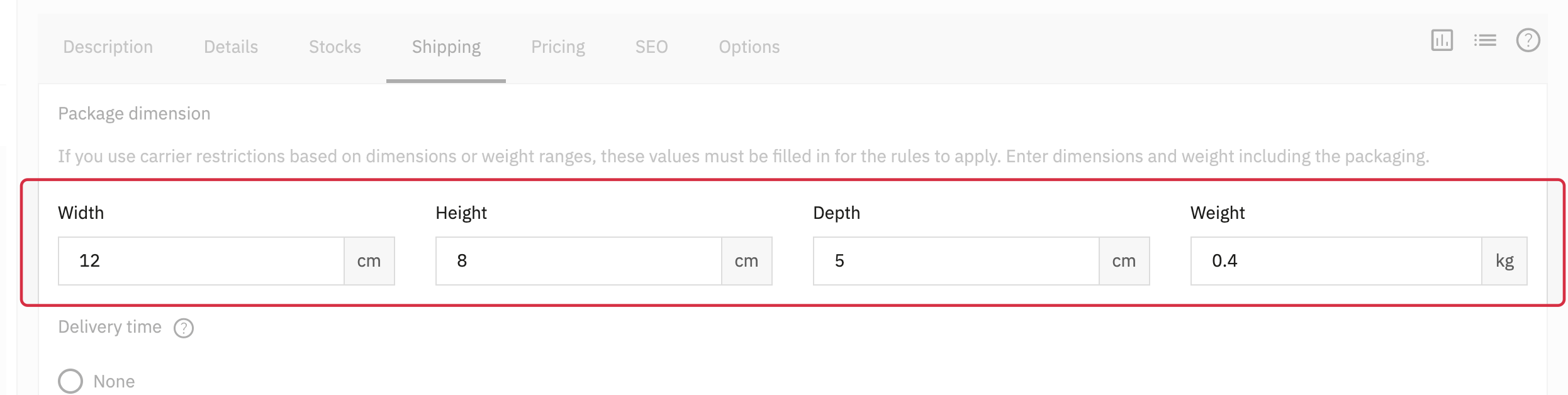 Native measurements for the fictional product: width, height, depth and weight.