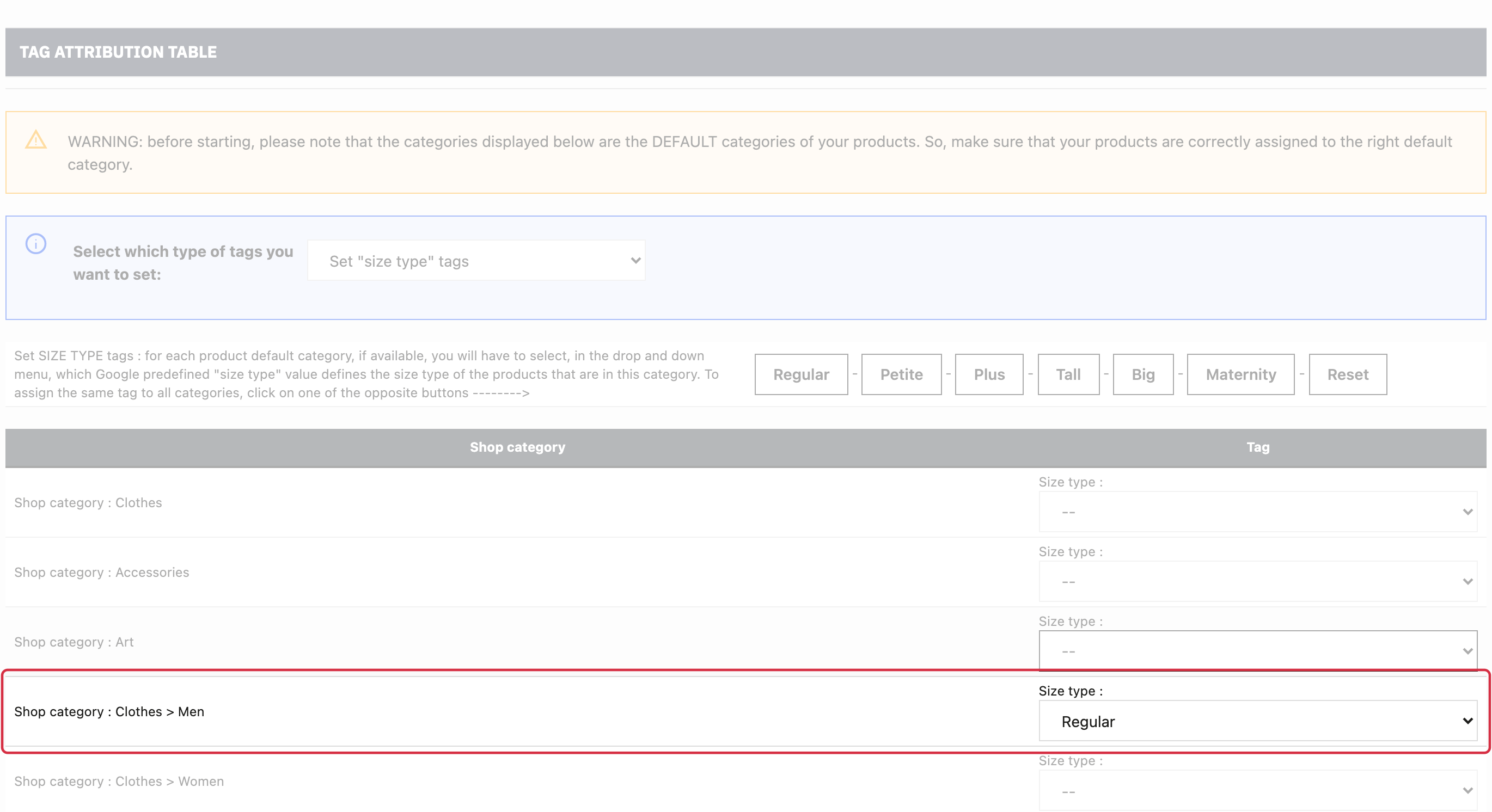 Size type regular is assigned to default category Clothes > Men.