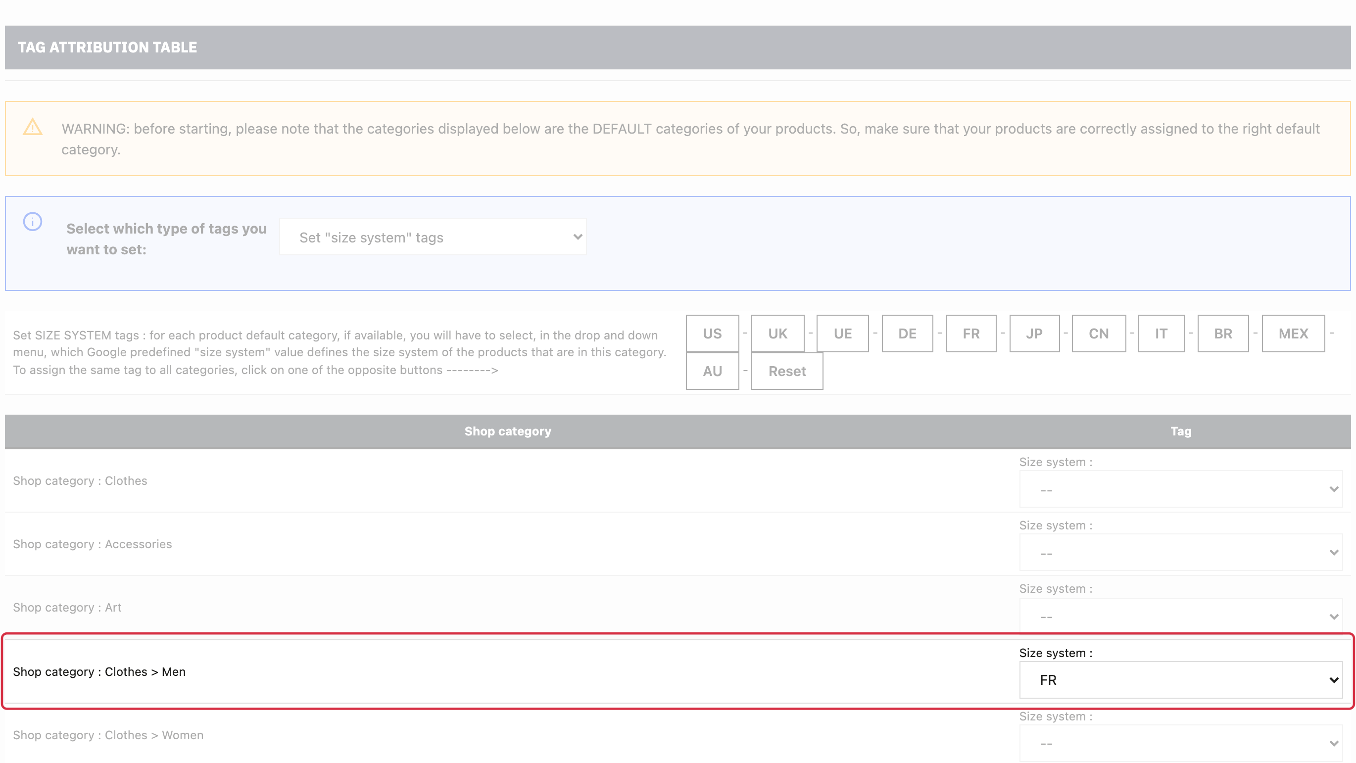 The FR size system is assigned to default category Clothes > Men.