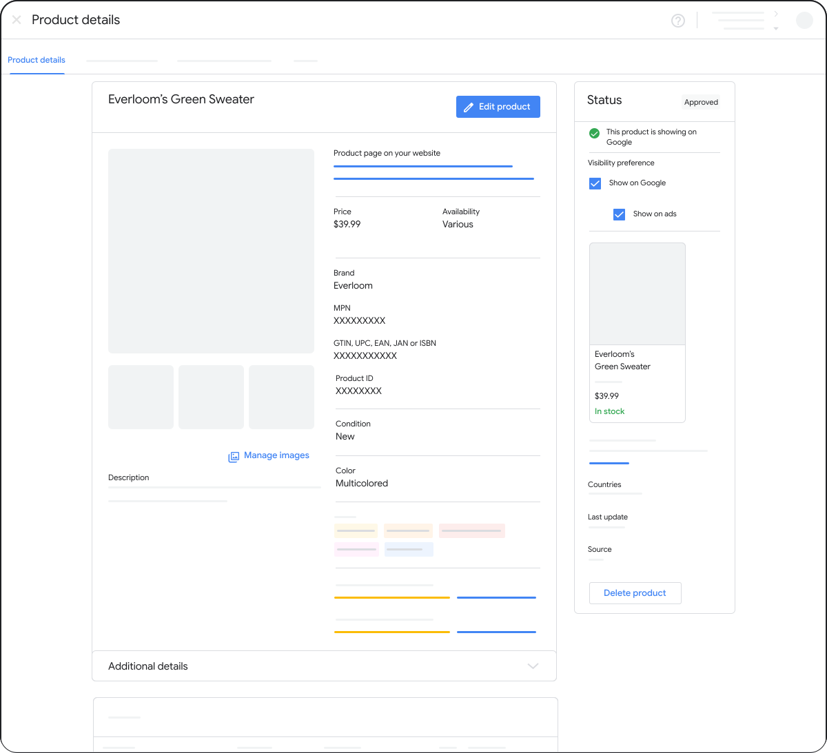 Merchant Center feed settings: product ID prefix and combination separator.