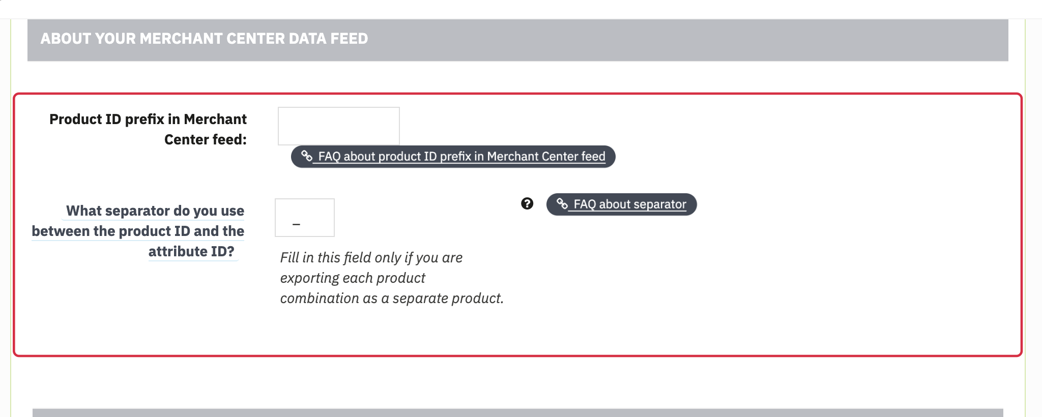 Merchant Center feed settings: product ID prefix and combination separator.