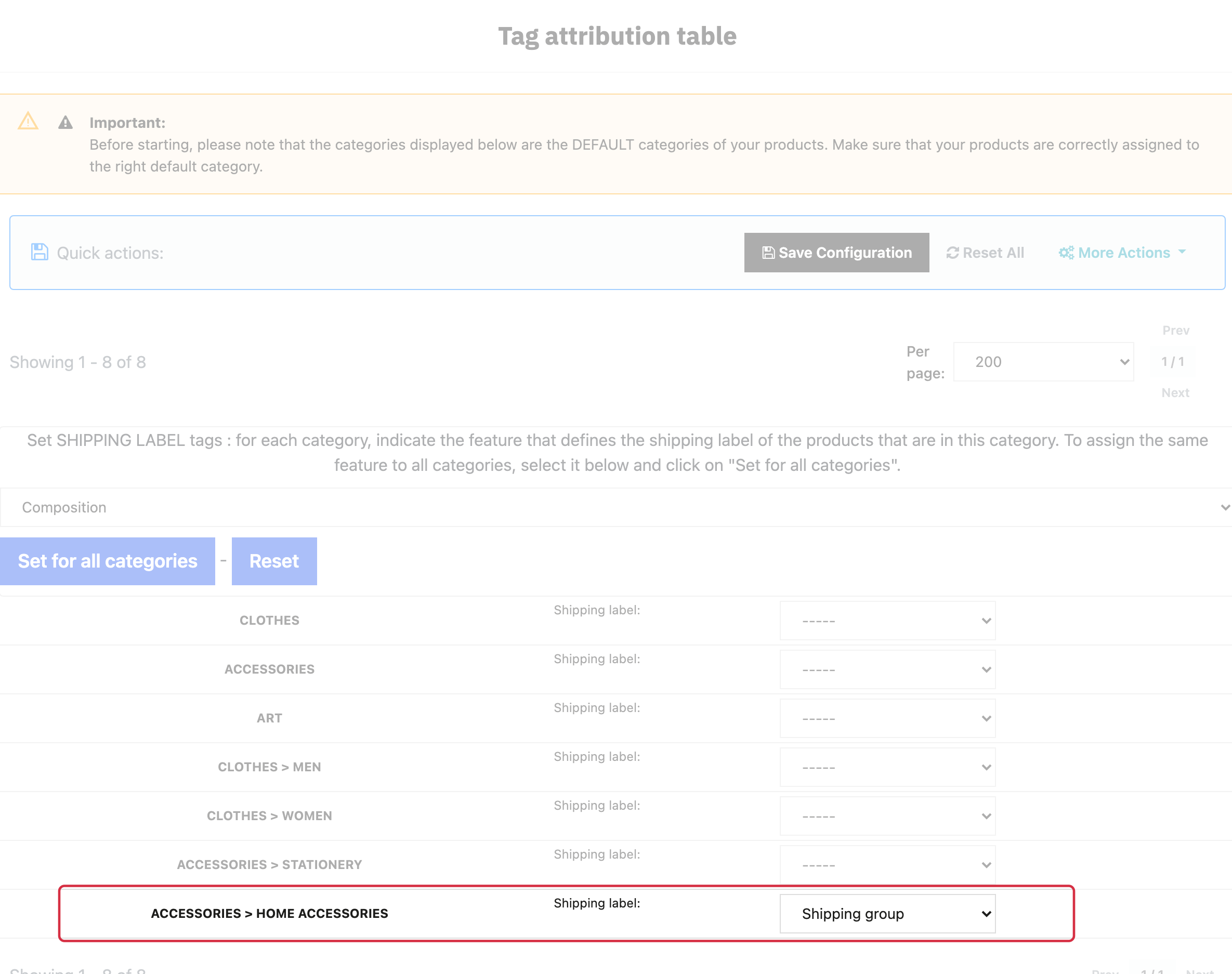 Mapping the shipping-group feature to a default category.