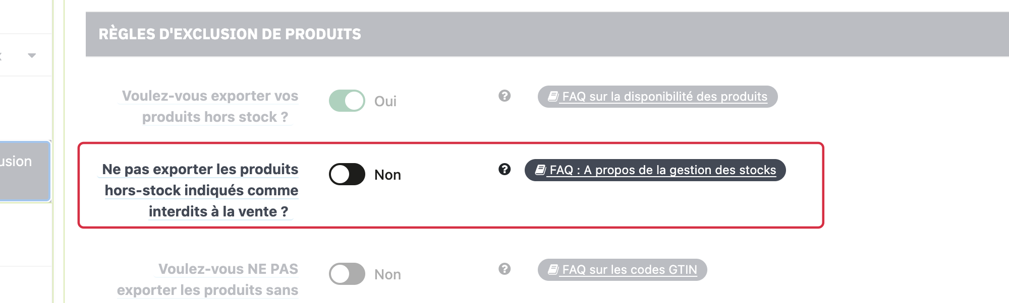 L&rsquo;export hors stock et le filtre des produits non commandables sont deux r&eacute;glages distincts.