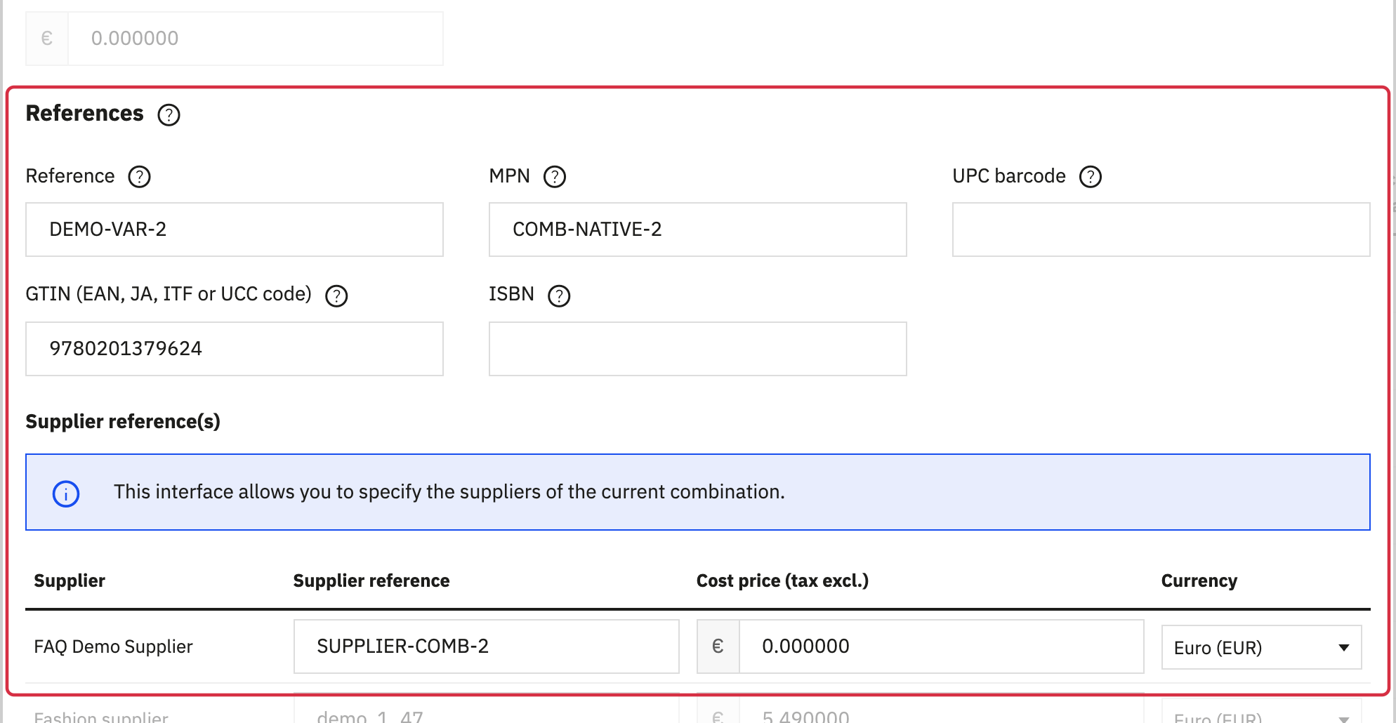 Native combination MPN and default supplier reference, two distinct values