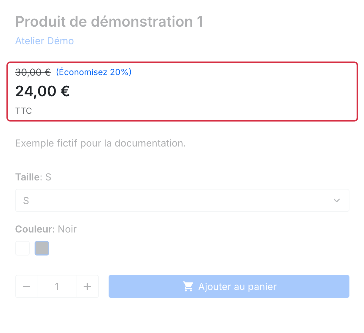 La page de la m&ecirc;me d&eacute;clinaison S, Noir affiche 24,00 &euro; TTC apr&egrave;s r&eacute;duction de 20 %.