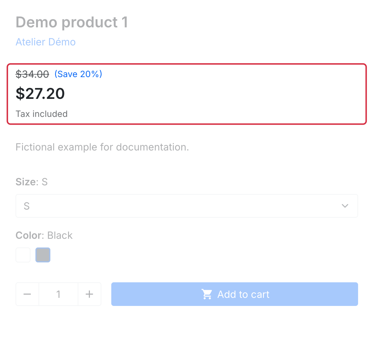 The same S, Black combination page displays $27.20 including tax after a 20% reduction.