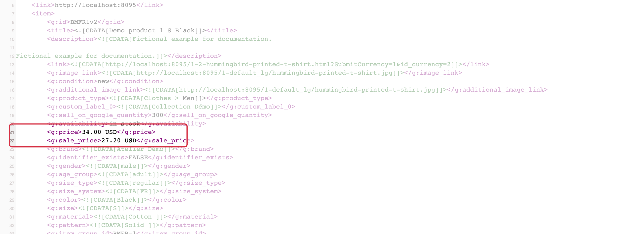 Fictional example, target country France: combination BMFR1v2 has regular price 34.00 USD and sale price 27.20 USD in XML.