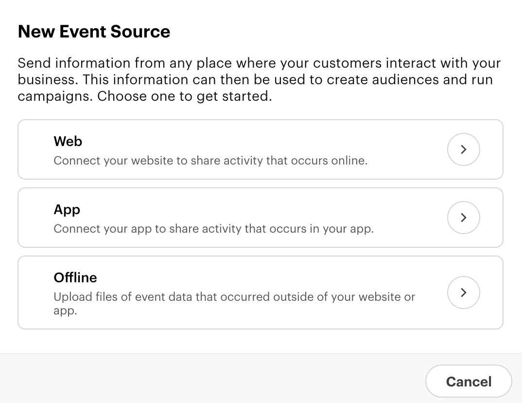 Source d&rsquo;&eacute;v&eacute;nements Web, distincte des sources App et Offline