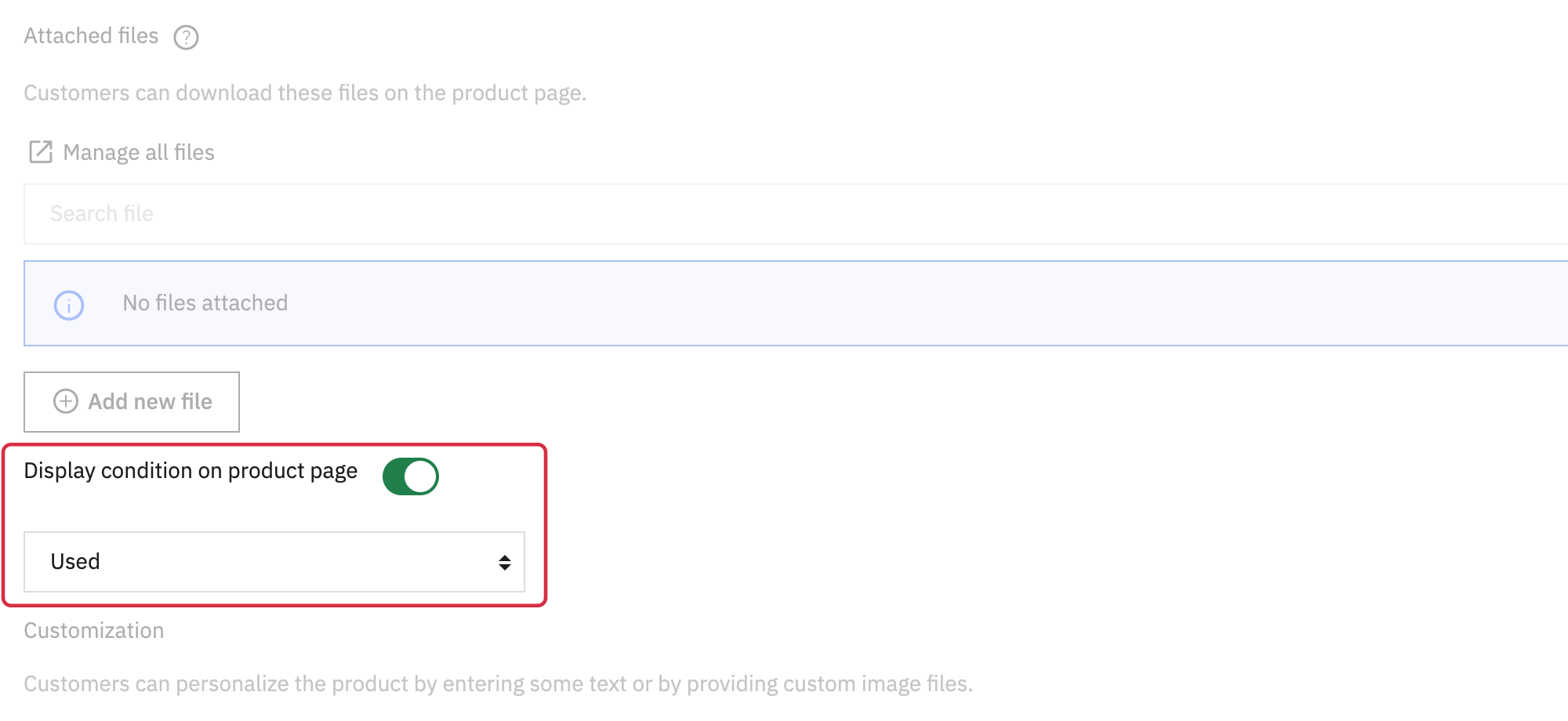 PrestaShop 9.2 Details tab: condition display enabled and Used selected