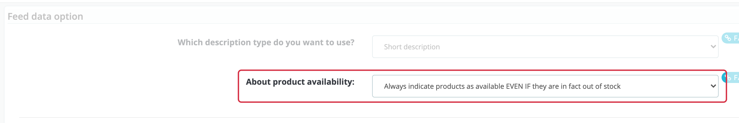 Feed data options: full always-available label below the description setting