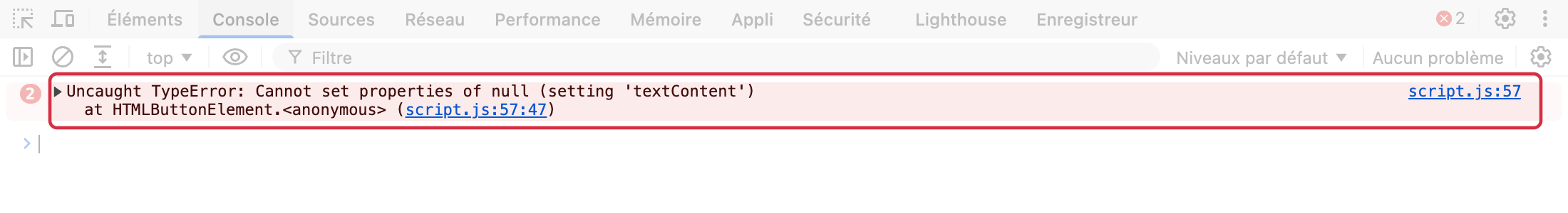 Erreur JavaScript dans la Console : message, fichier script.js et ligne57