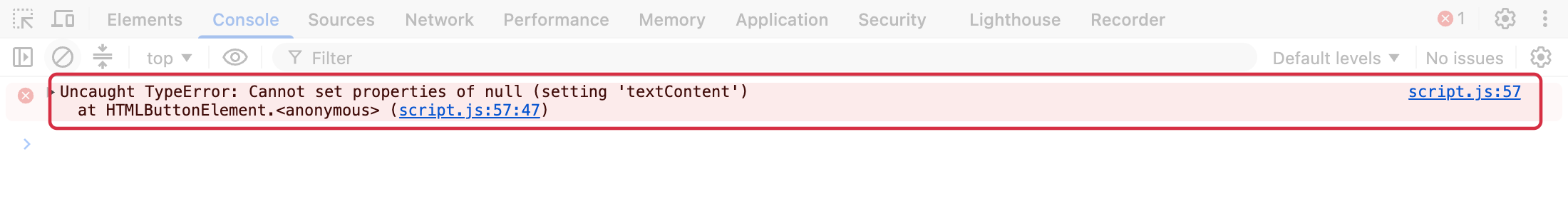 JavaScript error in Console: message, script.js source and line57
