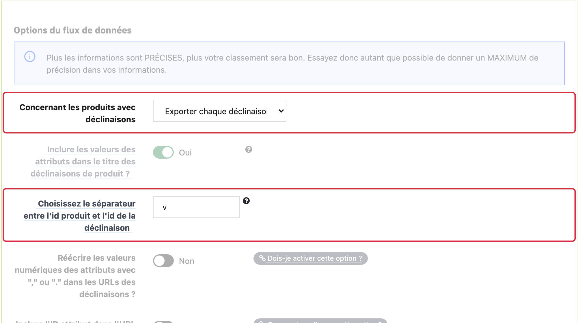 Export s&eacute;par&eacute; des d&eacute;clinaisons, titres et s&eacute;parateur des identifiants.