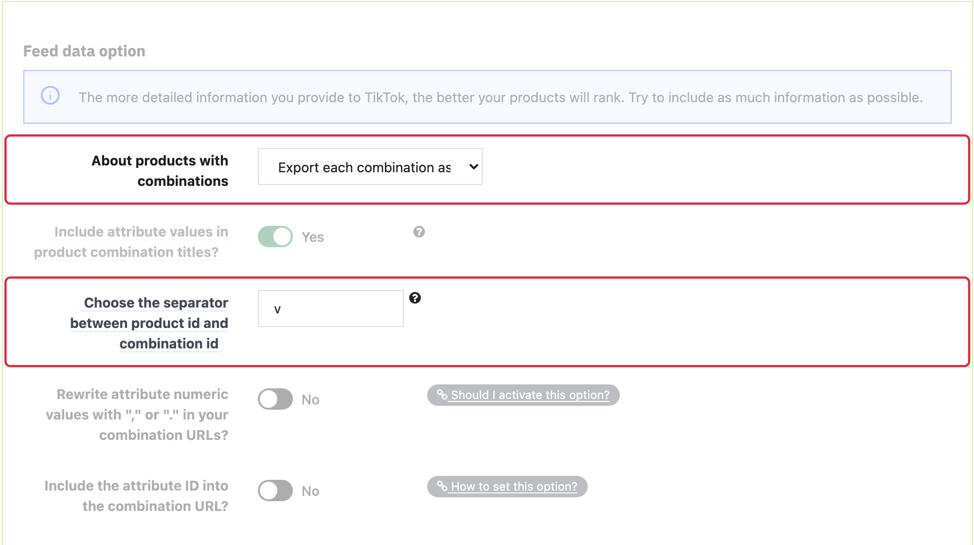 Separate combination export, titles and ID separator.