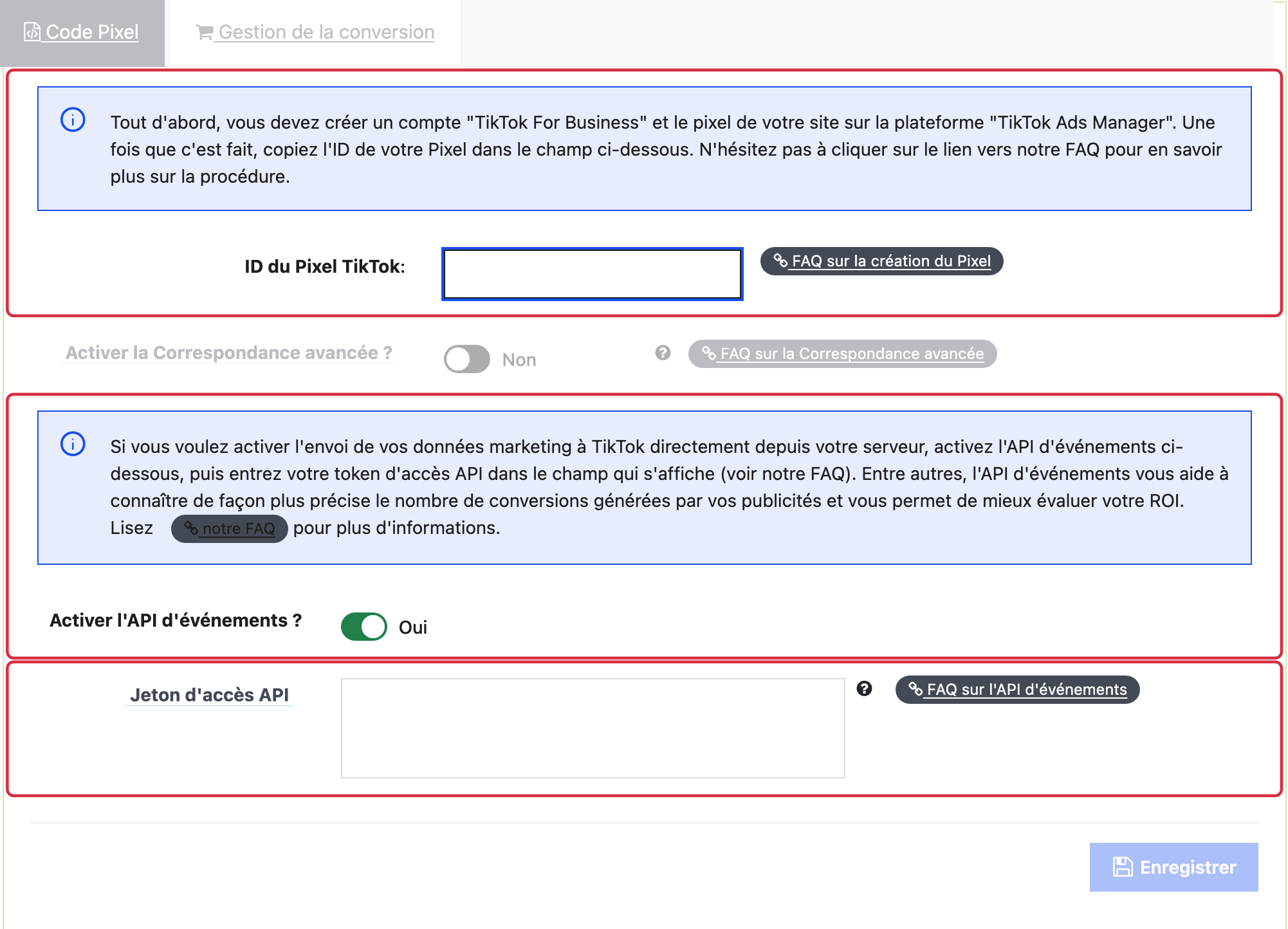 Code Pixel : ID du Pixel, correspondance avanc&eacute;e et champ du jeton API, volontairement vide.