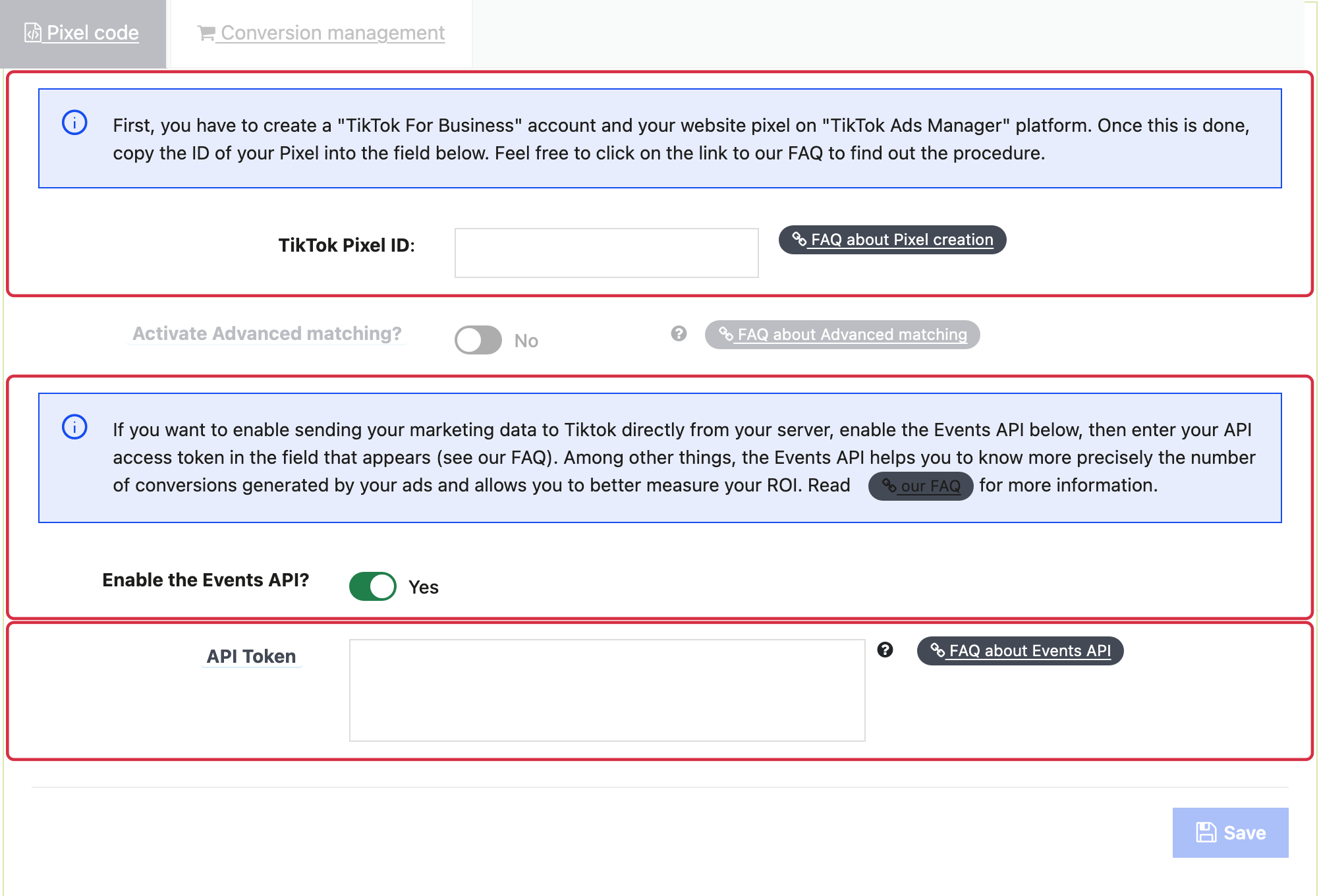 Pixel code: Pixel ID, Advanced matching and API token field, deliberately empty.