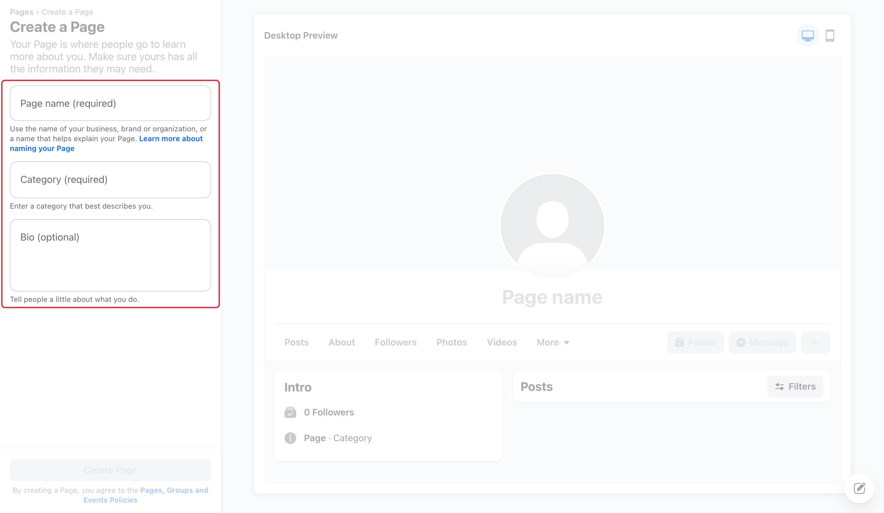 Page creation form: Page name, category and bio