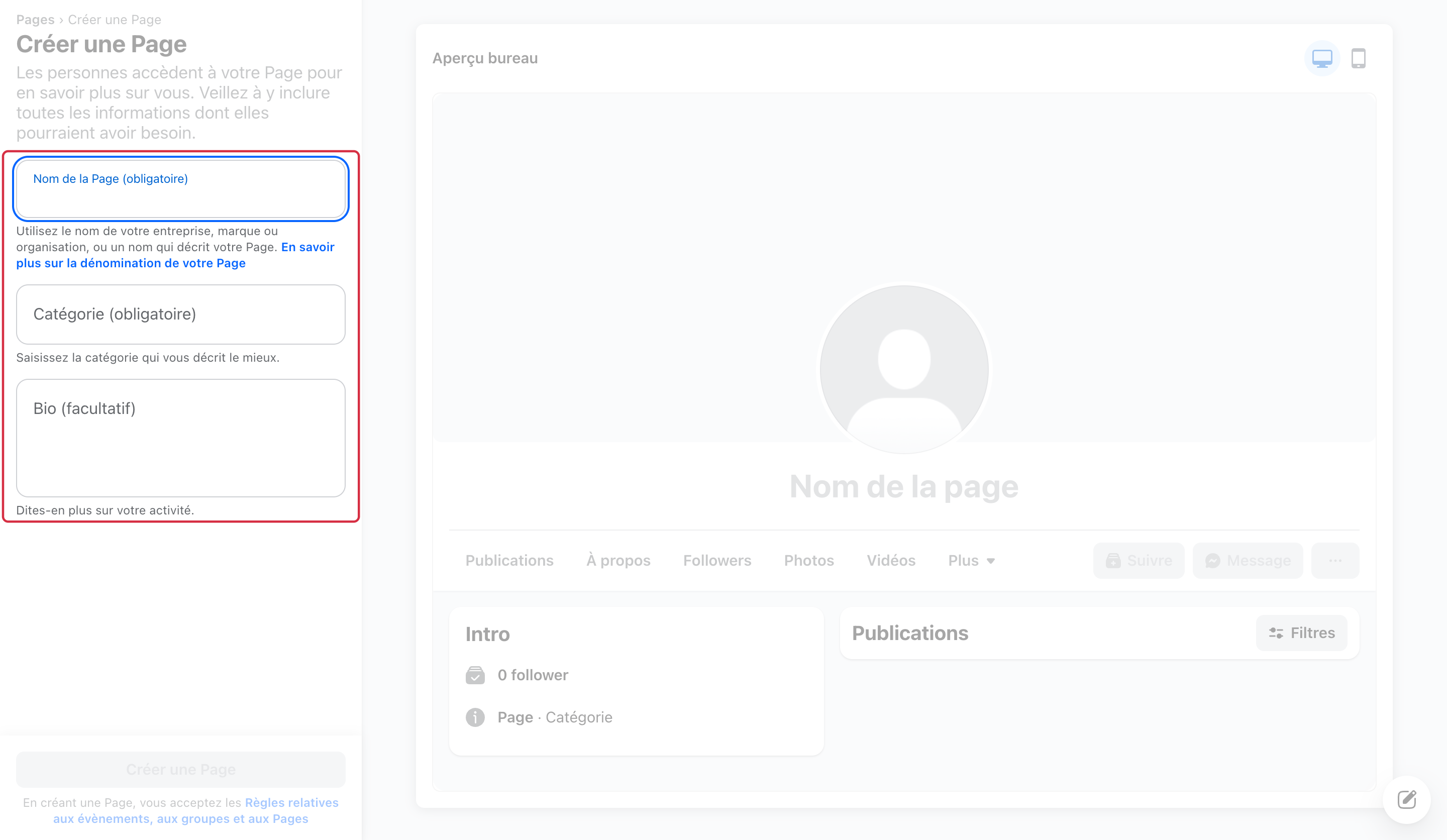 Formulaire de cr&eacute;ation de Page : nom de la Page, cat&eacute;gorie et bio