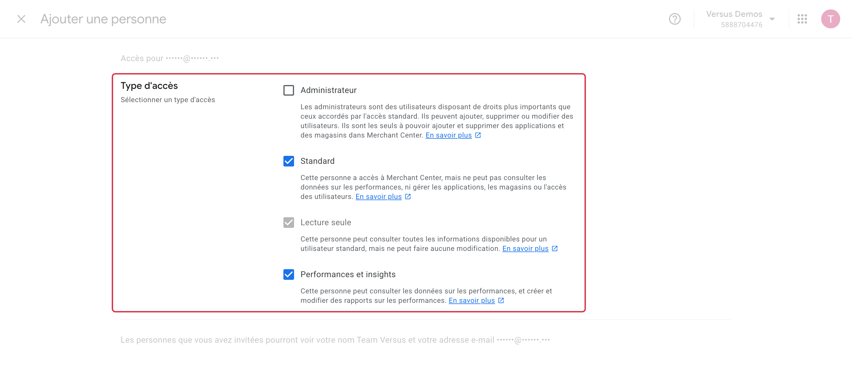 Section Type d&rsquo;acc&egrave;s du formulaire Ajouter une personne, avec les options Administrateur, Standard, Lecture seule et Performances et insights