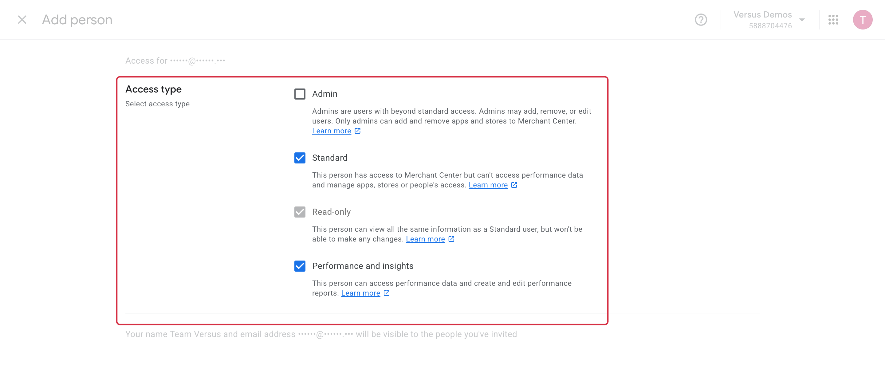 Access type section of the Add person form, with the Admin, Standard, Read-only and Performance and insights options