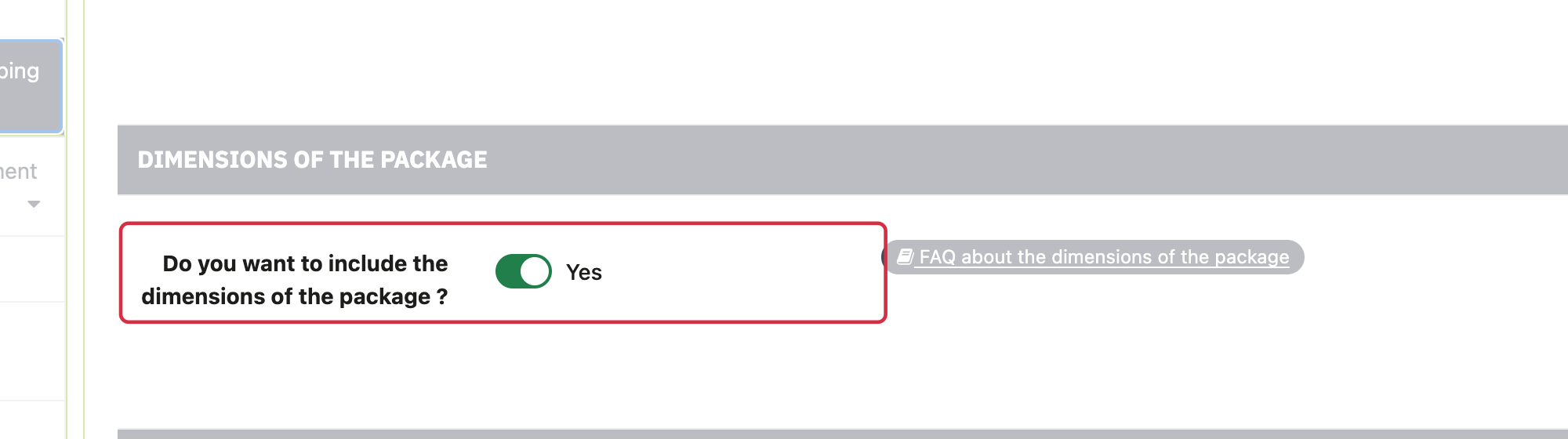 The package-dimension option is under Taxes and shipping fees.