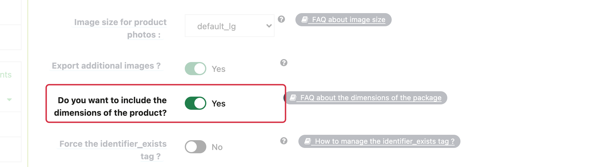 The product-dimension option is under Basic settings.