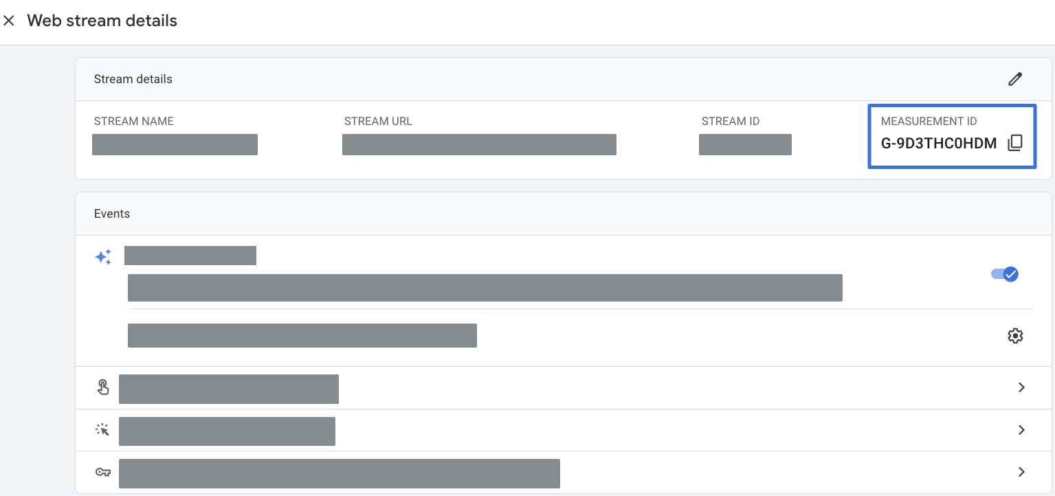 Official Google illustration: Stream ID and Measurement ID are separate fields; the G- code is in Measurement ID.