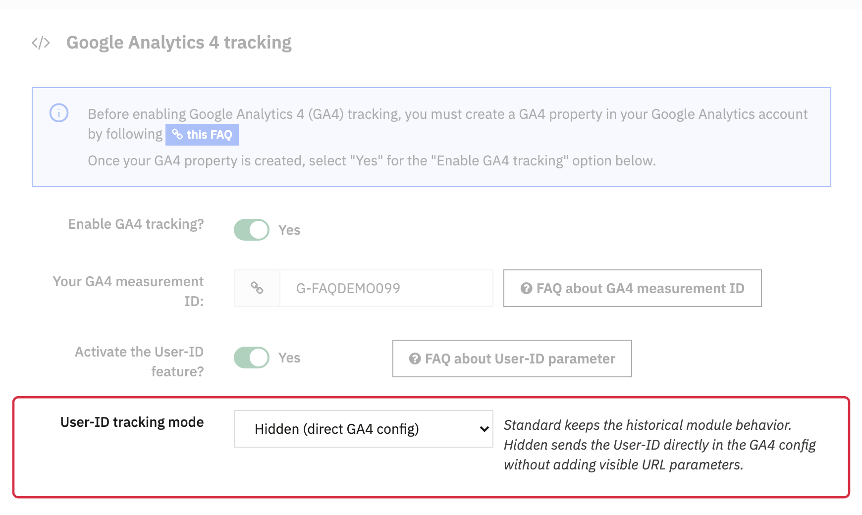 Google Analytics 4 tracking: measurement ID, User-ID activation and Hidden mode selection.
