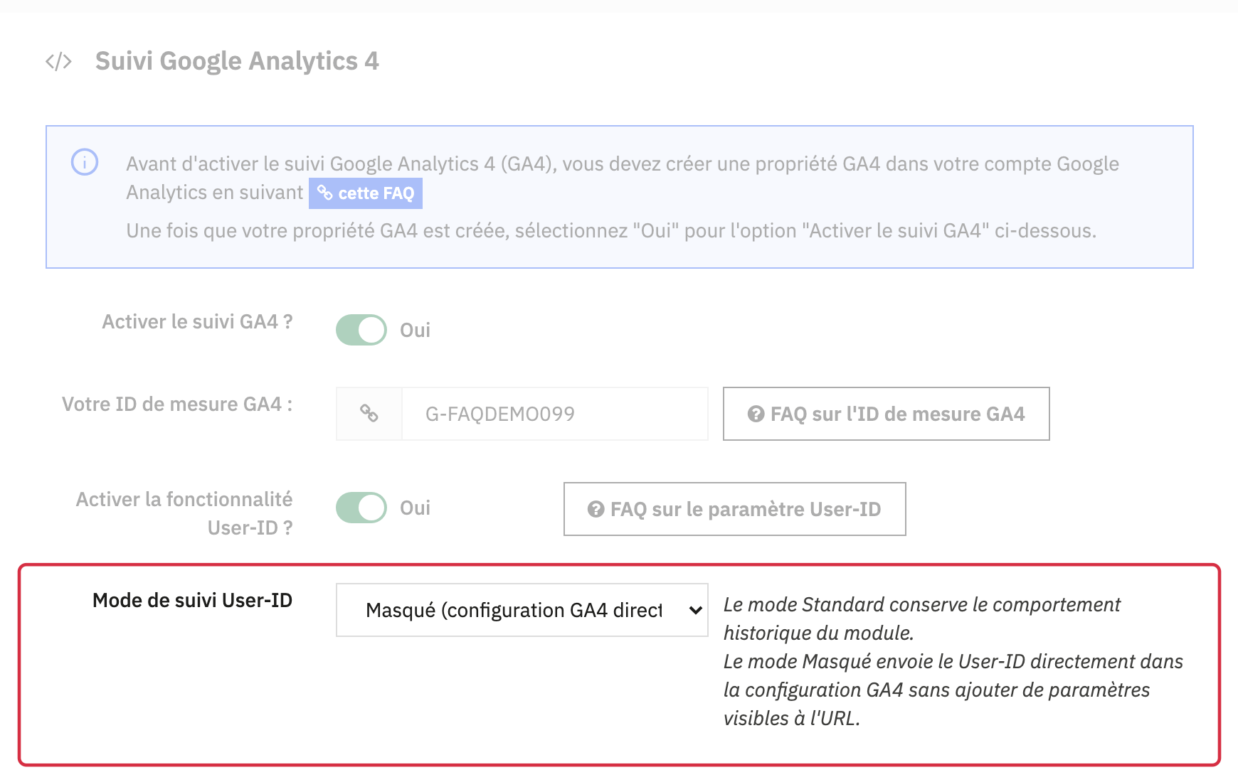 Suivi Google Analytics 4 : ID de mesure, activation User-ID et choix du mode Masqué.